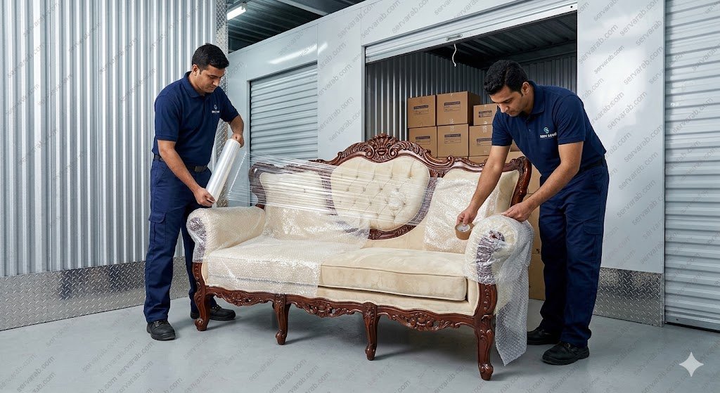 عمالة تقوم بتغليف العفش قبل نقله إلى مستودعات تخزين اثاث في الخبر