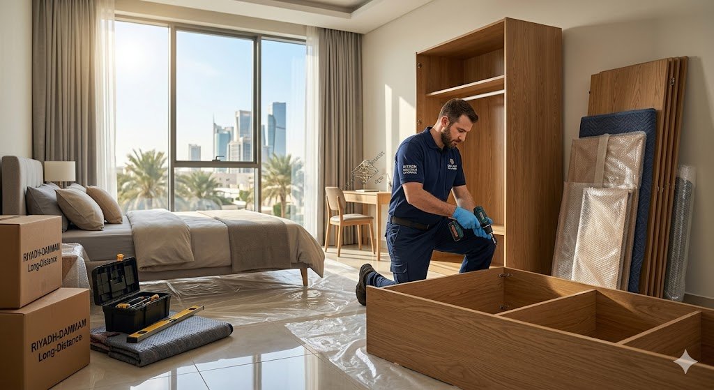 فني يقوم بفك وتغليف العفش قبل البدء في نقل اثاث لسكاكا