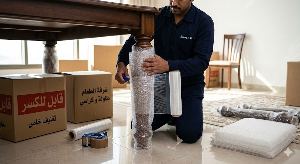 تغليف الاثاث في الرياض عامل محترف يقوم بتغليف أرجل طاولة خشبية باستخدام البابل راب والاسترتش لحمايتها