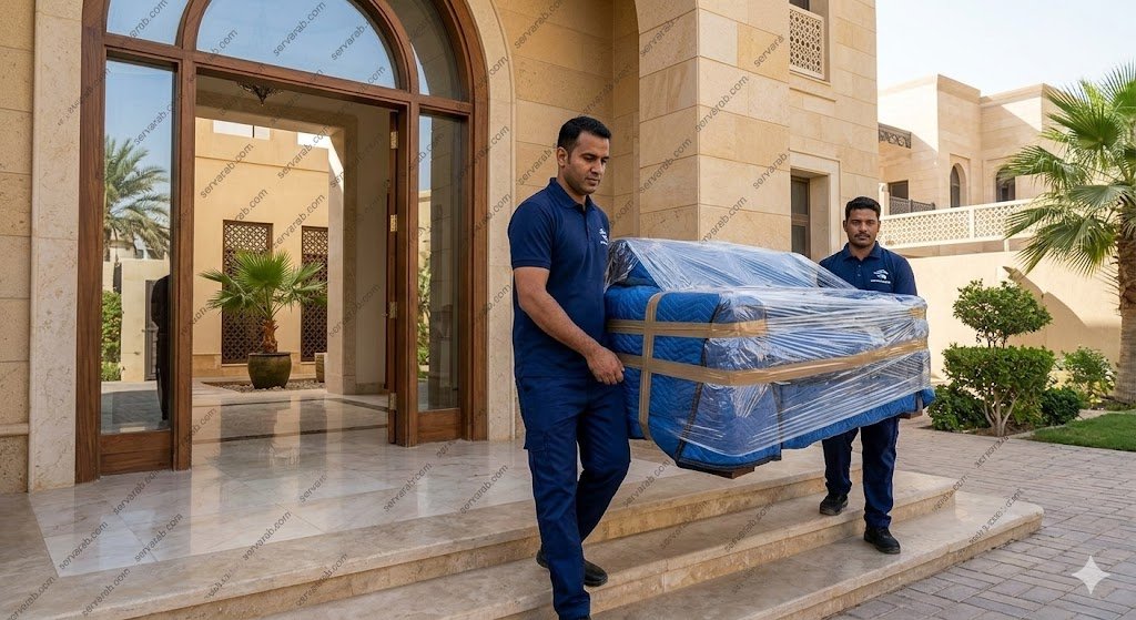 كوادر فنية متخصصة في نقل الأثاث فريق عمل محترف يقوم بإدارة نقل الأثاث المغلف بعناية داخل السيارات