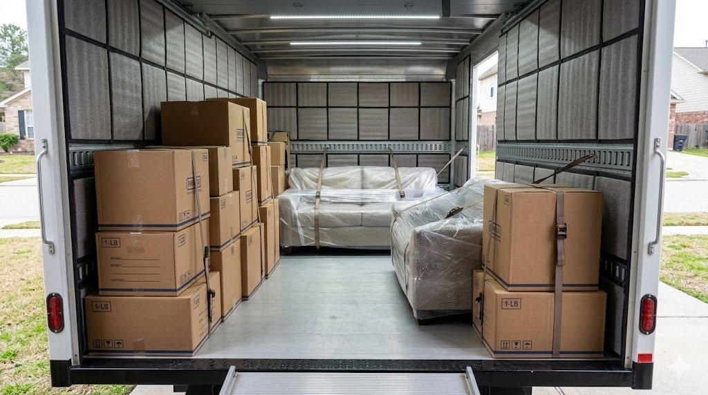 ترتيب الأثاث والكراتين باحترافية داخل دينا لنقل العفش لضمان عدم الاحتكاك أثناء السير