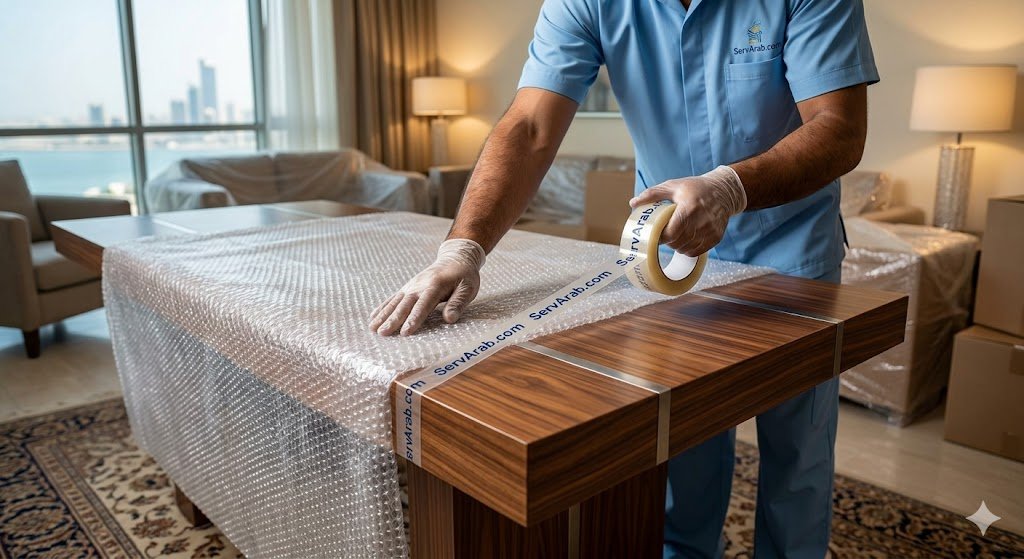 تغليف الأثاث بعناية قبل التحميل في سيارات النقل