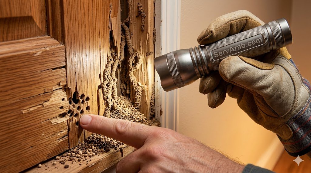 فحص الأخشاب المصابة قبل بدء مكافحة النمل الابيض بالرياض